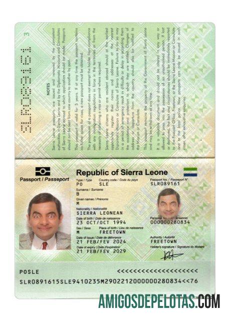 Passaporte de Serra Leoa 2024 presente exemplo real
